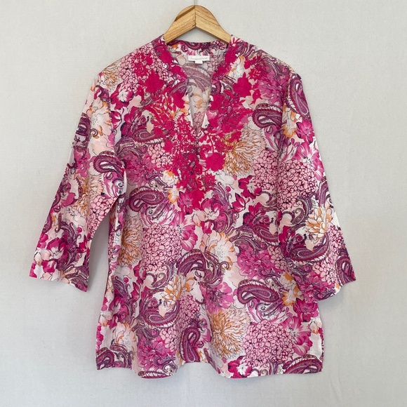 CHARTER CLUB Women’s Size Large Embroidered Pink Florals Linen Cotton Tunic - Picture 1 of 6